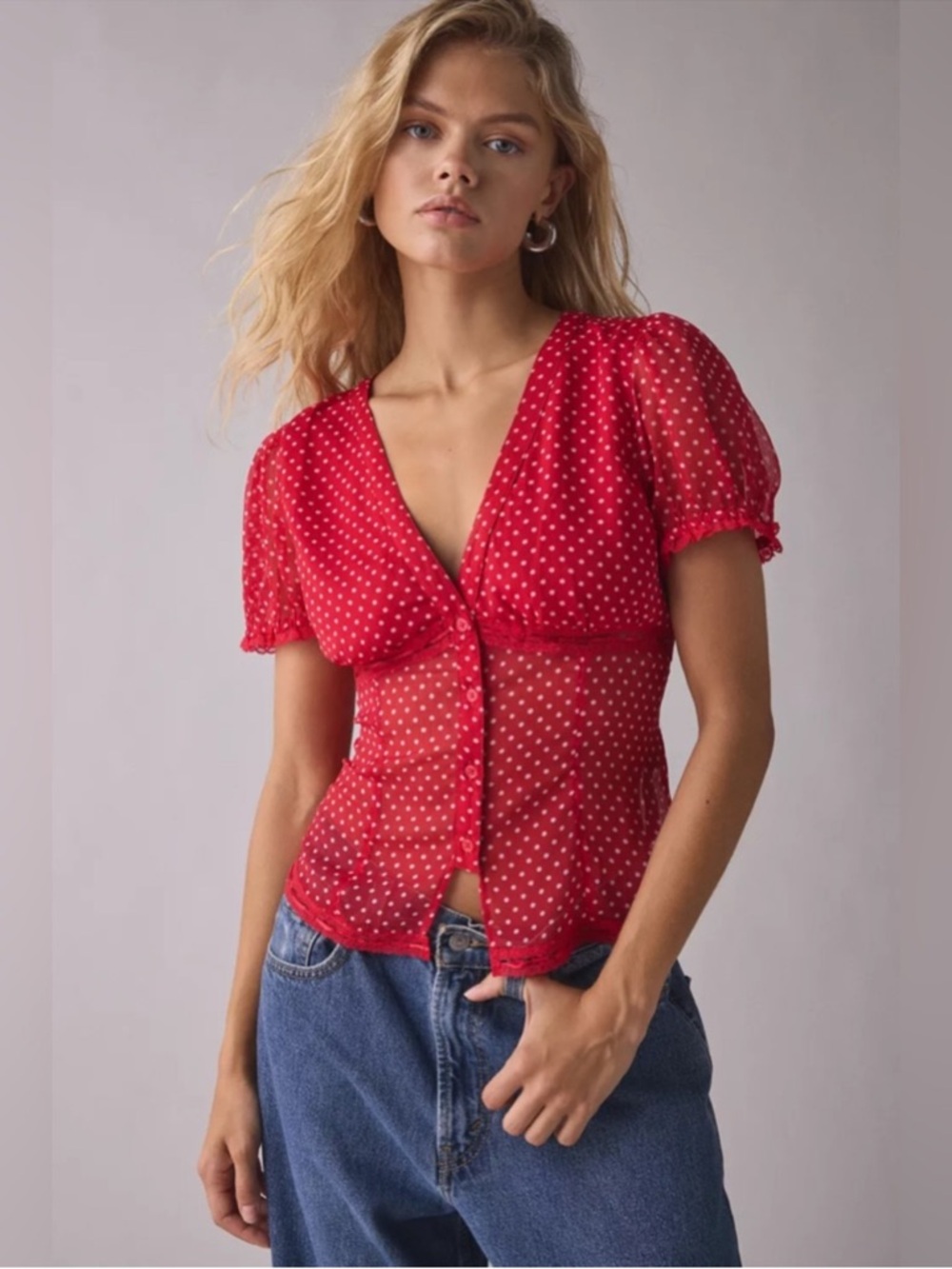 Uurban Outfitters Mitchell’s Chiffon Semi Sheer Polka Dot top